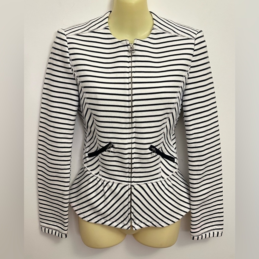 Zara White and Black Striped Full Zip Front Peplum Jacket size XS